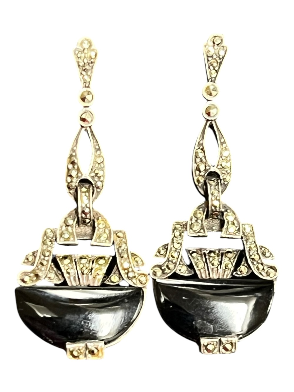 Vintage Art Deco 925 Sterling Silver Onyx & Marcasite Drop Chandelier Earrings